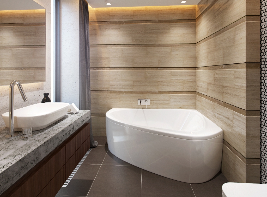 Design of combined bathroom with corner bath
