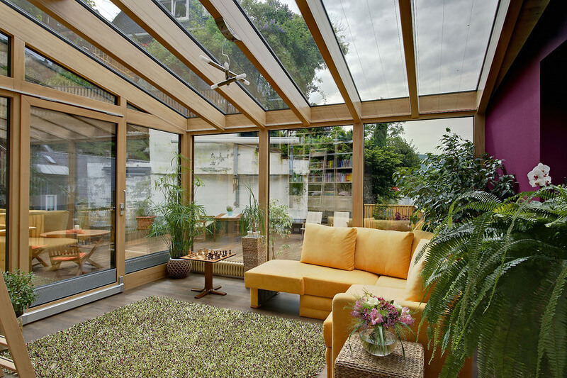 Glass roof in the design of the summer terrace