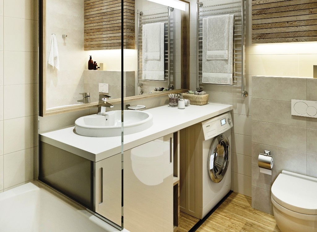 Built-in washing machine in the combined bathroom