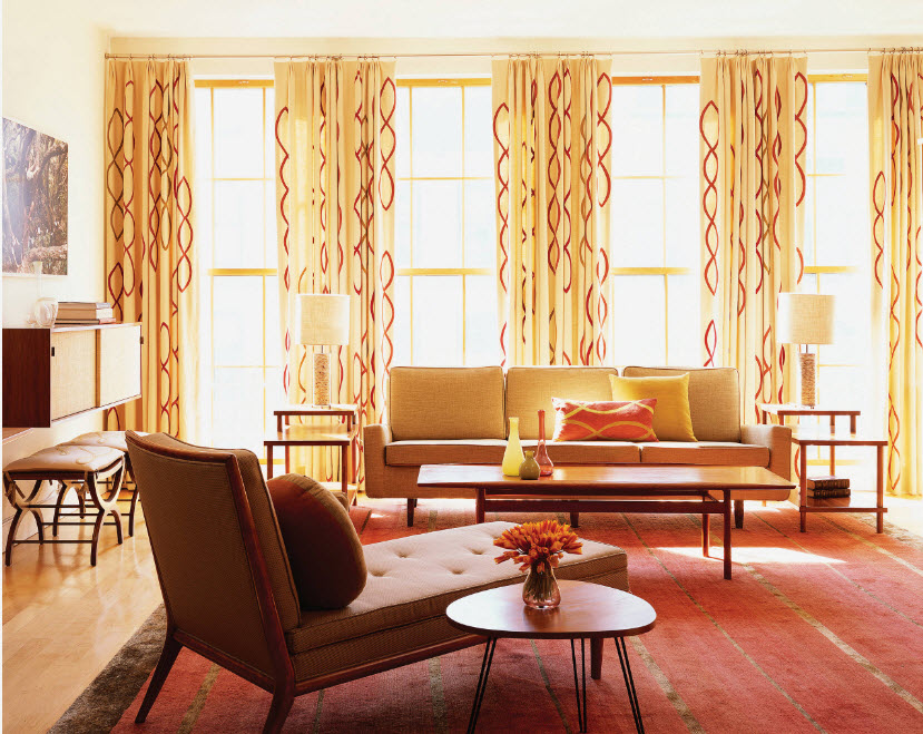 Yellow curtains on a large window in the living room