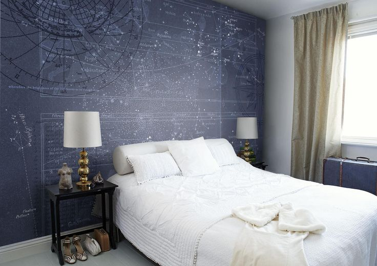Blue mural with galaxy map over white bed