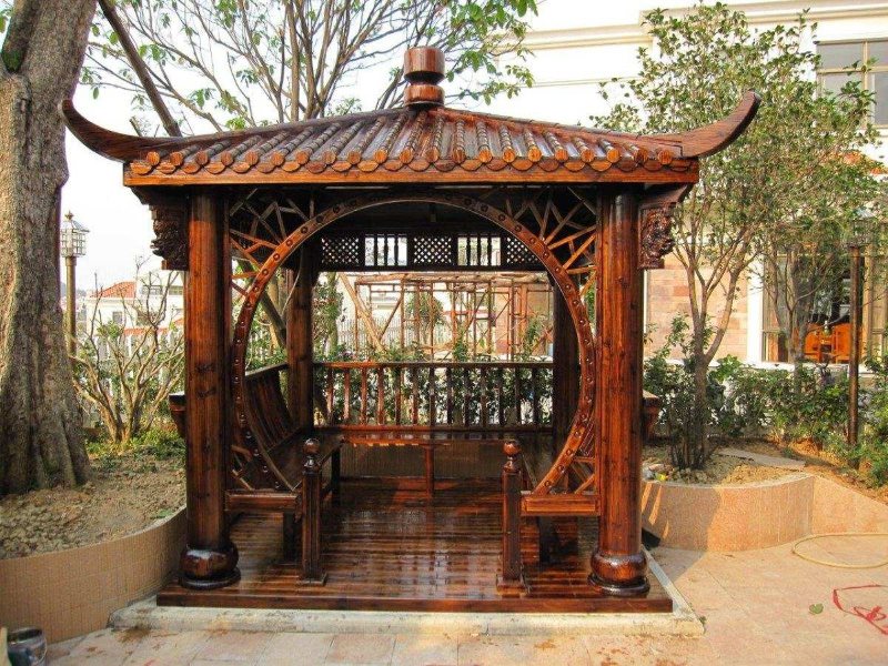 Japanese-style wooden gazebo in the courtyard