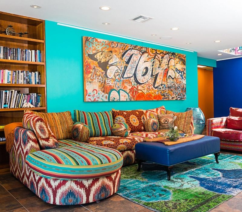 Bright, almost crazy colors in the design of the living room