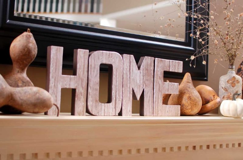 Wooden letters in the interior of the living room