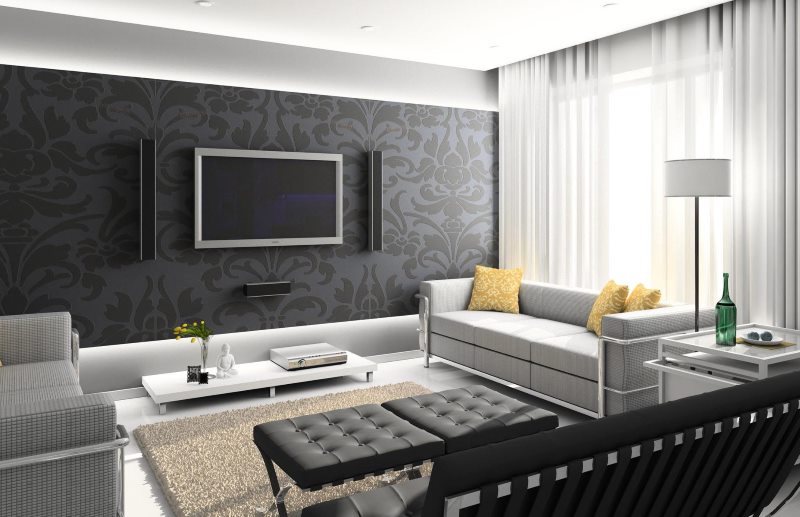Living room interior with dark wallpaper and bright furniture.