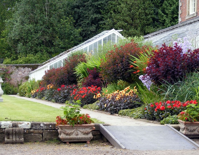 Mixborder of flowers and shrubs on the slope of a summer cottage