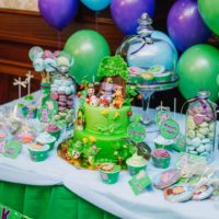 Colored helium balloons in the design of the festive table for the birthday of the child