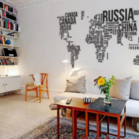 World map made of letters on the kitchen wall