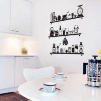 Drawn shelves with dishes on the kitchen wall