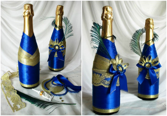 Decorazioni per bottiglia di champagne fai-da-te per un matrimonio