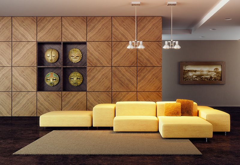 Wood paneling in modern living room