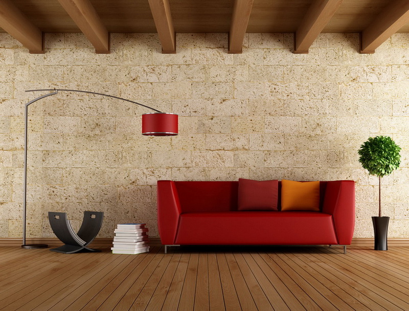 Red sofa on a wooden floor in a modern living room