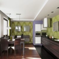 Photo of the kitchen with wallpaper on the walls