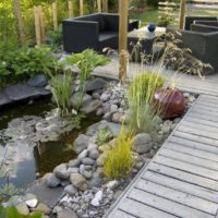 Picturesque pond with stone shores