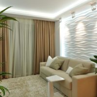 Backlit gypsum panels over a sofa in a studio apartment