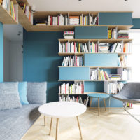 Open shelves for books in the interior odnushki