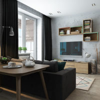 Black upholstery sofa in the design odnushki