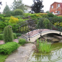 Bridge over a pond with metal railing