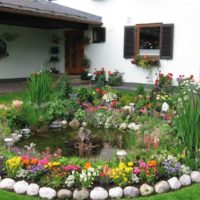 Flowerbed with blooming perennials around a pond