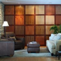 Wall decoration in living room with decorative wood paneling