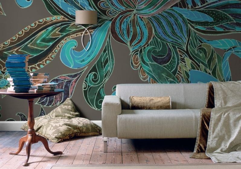 Ethnic wallpaper in the design of the living room of a modern apartment