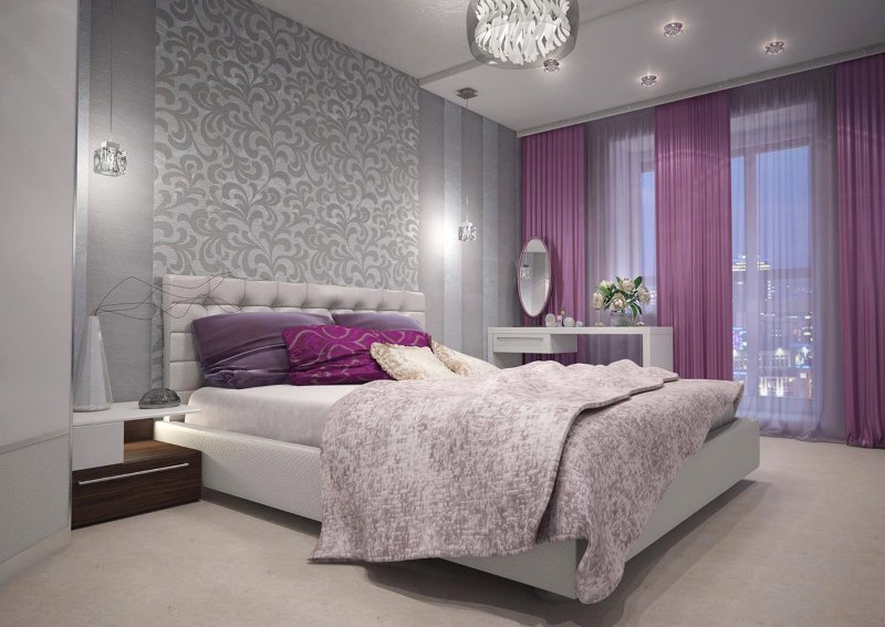 Gray-purple bedroom apartment interior of a city apartment