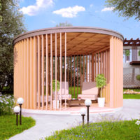 Round arbor from boards in garden design