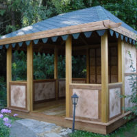 Wooden arbor with soft tile roof
