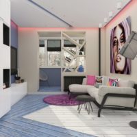 Neon lights on the ceiling in a studio apartment
