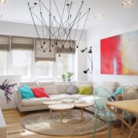 Bright accents of red and blue in the design of the living room
