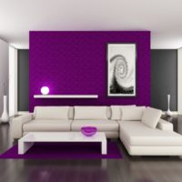 La combinazione di viola e bianco nel design del soggiorno
