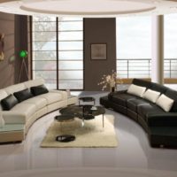 Semicircular sofas in the center of the living room