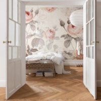 Photo wallpaper with flowers in the design of the bedroom