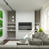 Nicchie grigie e pareti bianche all'interno di un piccolo soggiorno