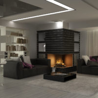 Black interior with a bachelor fireplace in the living room