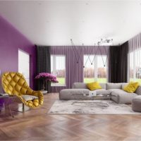 Original design yellow armchair in a room with purple walls