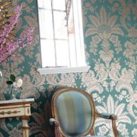 Living room in provence style with floral print on wallpaper