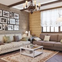 Paintings on the wallpaper in a rustic style living room