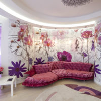 Huge flowers on the wallpaper in the living room