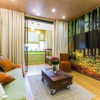Volumetric photo wallpaper in the interior of a living room