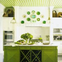 Kitchen island with olive-colored facades