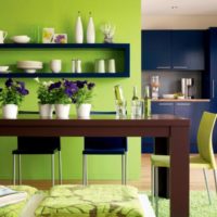 The combination of olive and blue colors in the interior of the kitchen
