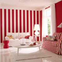 Striped interior of a pink and white living room