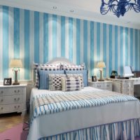 Striped wallpaper in a provence style bedroom