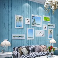 Blue wall with striped wallpaper