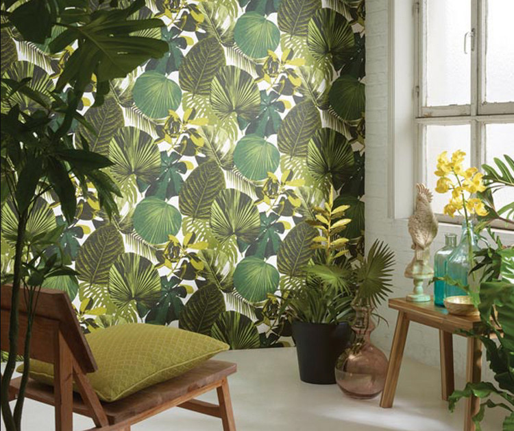 Sienų freska su augalais ant svetainės kambario sienos