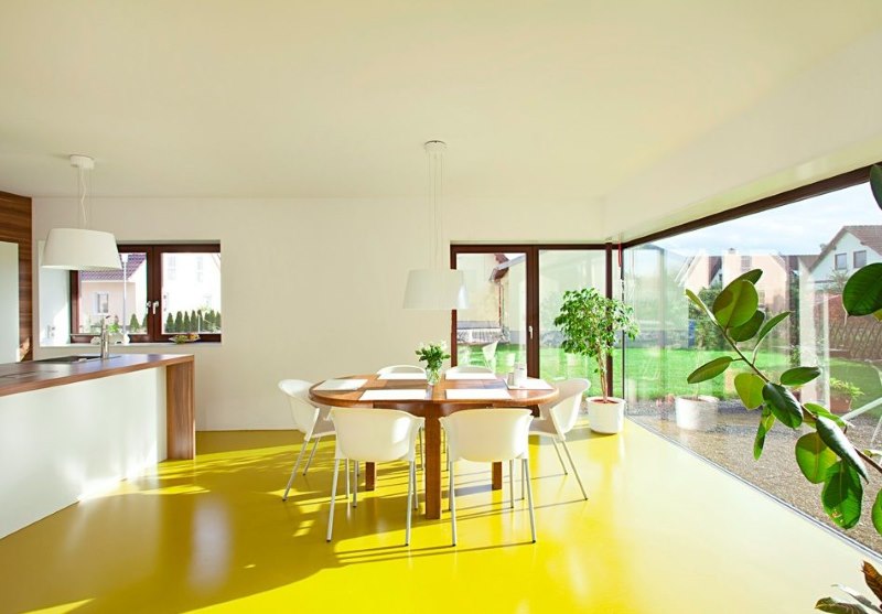 Yellow linoleum on the floor of the kitchen-living room