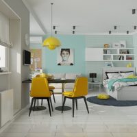 Yellow color on the background of mint walls of the living room