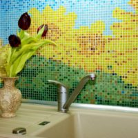 Ceramic mosaic sunflowers over the sink