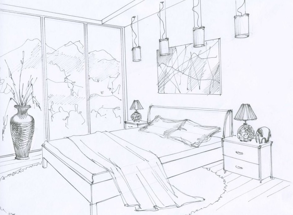 Futuro design della camera da letto, disegnato a mano su carta